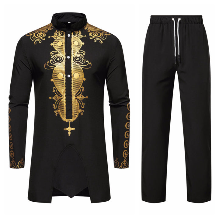 Herren Lange Tunika mit Stehkragen und goldverziertem Ornament Drune