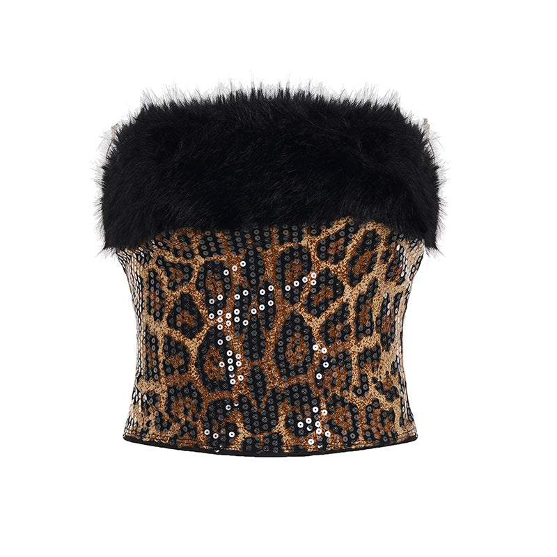 Damen glitzerndes Leopardenmuster Oberteil mit Kunstfellbesatz Drune