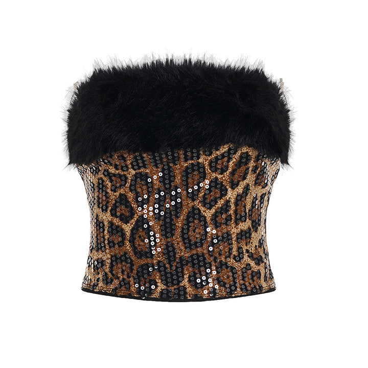 Damen glitzerndes Leopardenmuster Oberteil mit Kunstfellbesatz Drune