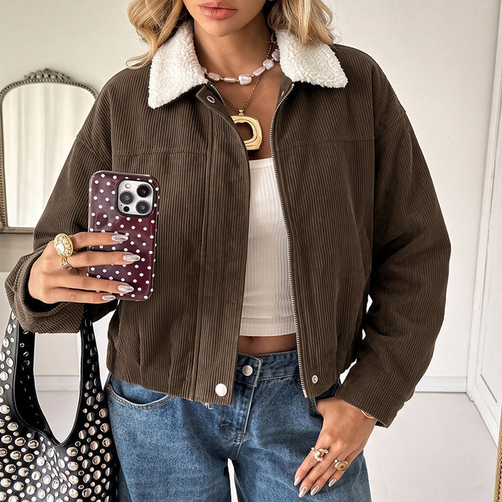 Damen Modische Cordjacke mit Fleecekragen Drune