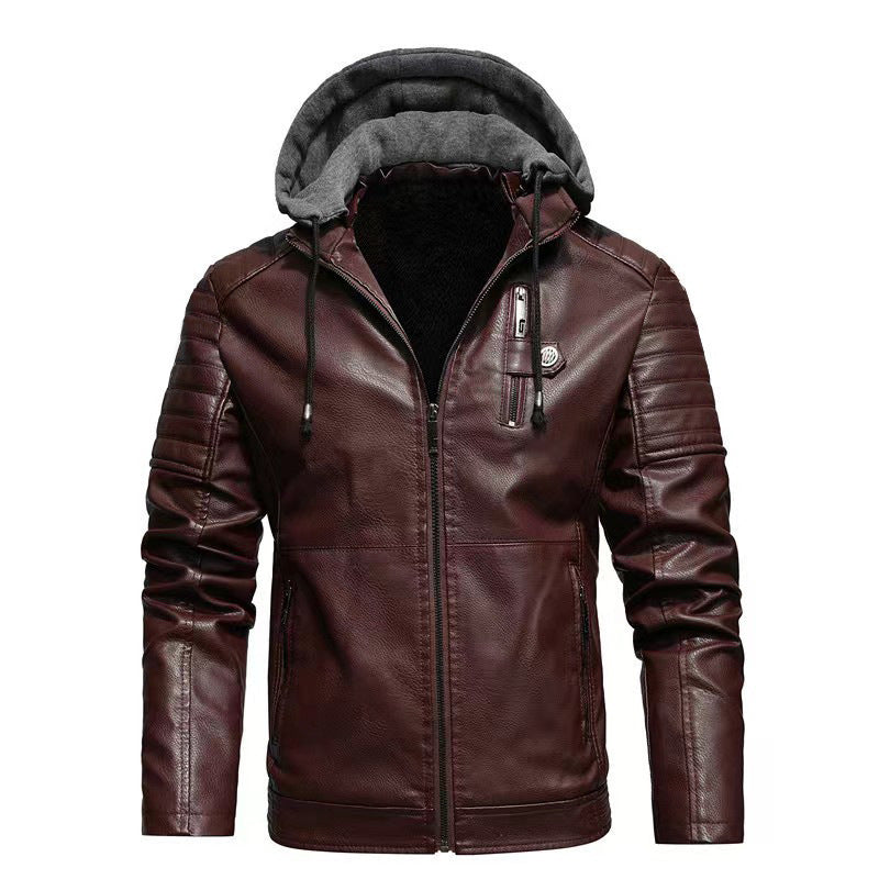 Herren Lederjacke mit abnehmbarer Kapuze Drune