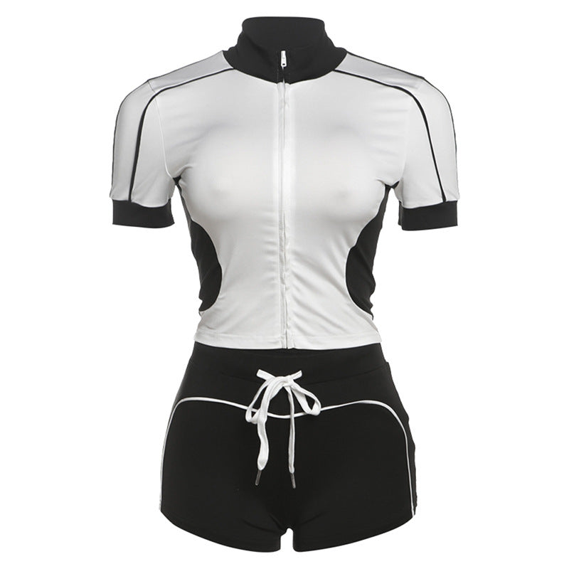 Damen Sportliches Kurzarm-Set mit Reißverschluss und Shorts Drune