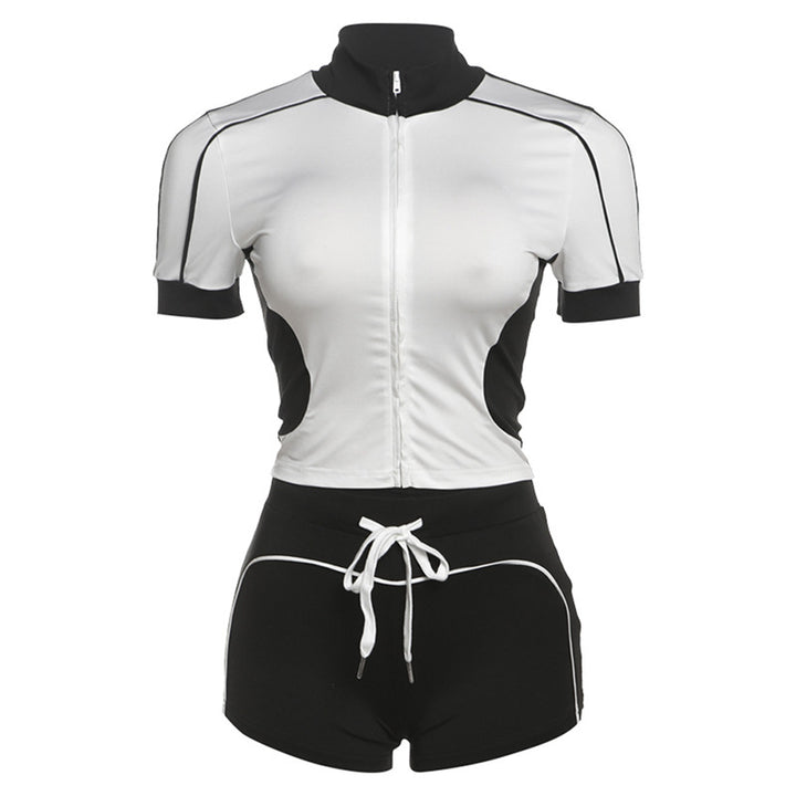 Damen Sportliches Kurzarm-Set mit Reißverschluss und Shorts Drune