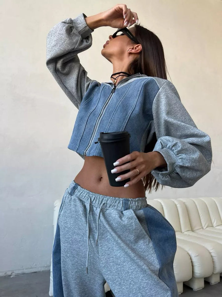 Damen modisches cropped Sweatjacke und weite Hose Set Drune
