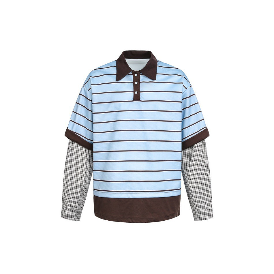 Herren Lagenlook-Polo mit Streifen, Kontrastkragen und karierten Einsatzärmeln Drune