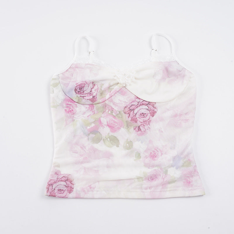 Damen Spitzen-Trägertop mit floralem Druck und zarten Details Drune