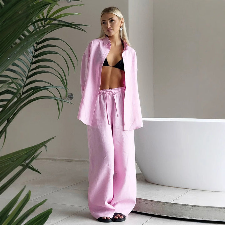 Damen luftiges Leinen-Set mit weit geschnittenem Hemd und Hose Drune
