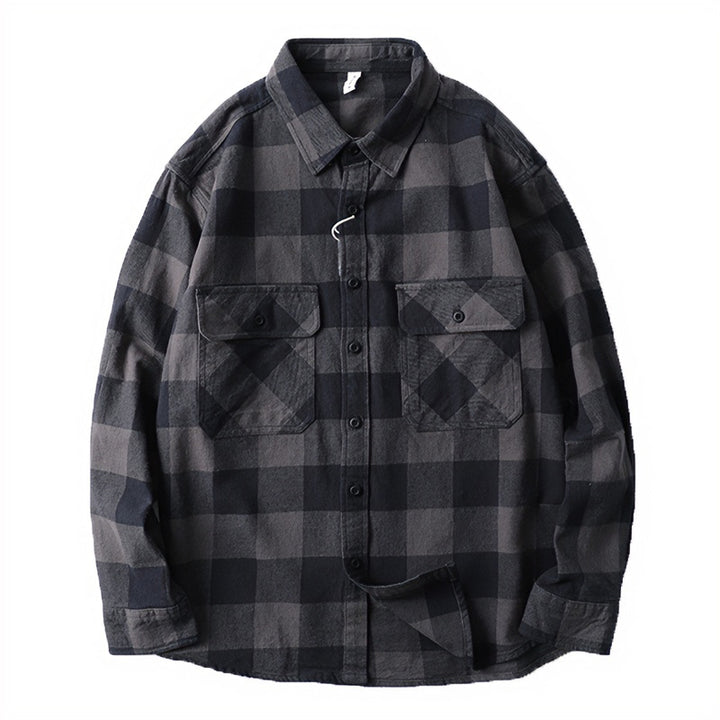 Herren Oversize Kariertes Flanell-Hemdjacke mit aufgesetzten Pattentaschen Drune