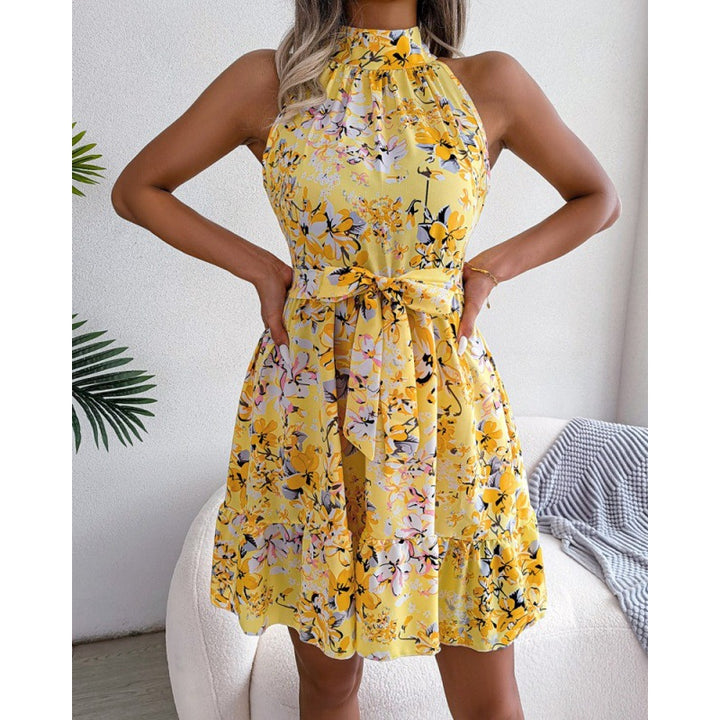 Damen Halterkleid mit floralen Mustern und voluminösem Rock Drune