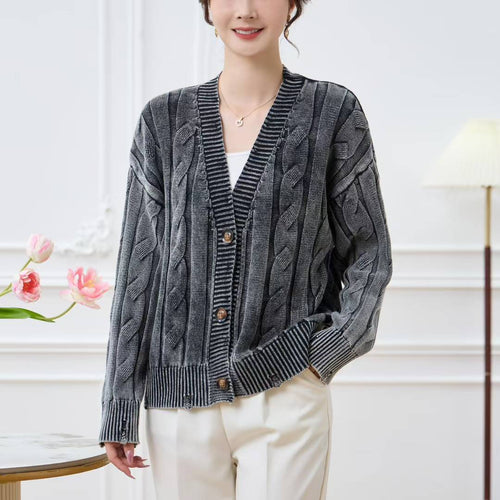 Damen lässiger Strickcardigan mit Zopfmuster und umgeschlagenen Ärmeln Drune