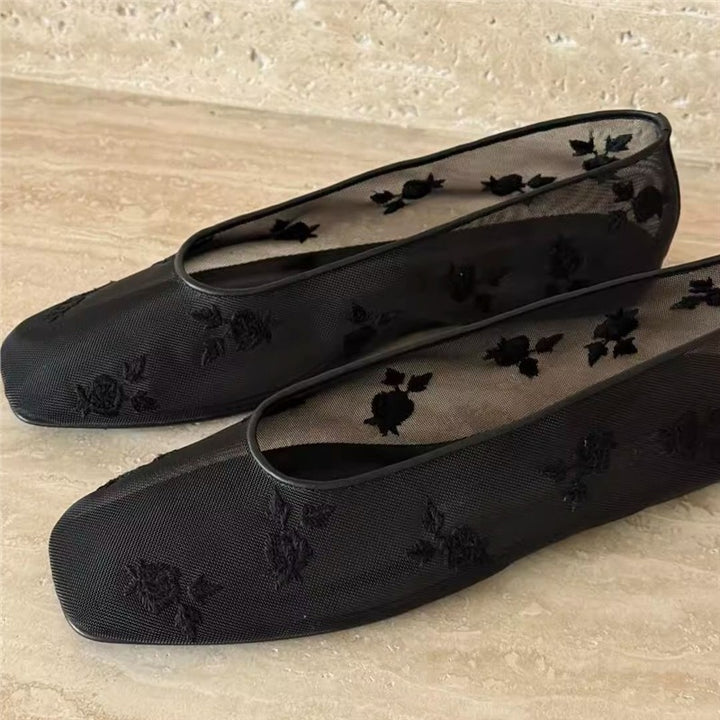 Damen Florale bestickte Ballerina-Slipper mit quadratischer Zehenbox und Mesh-Oberschuh Drune