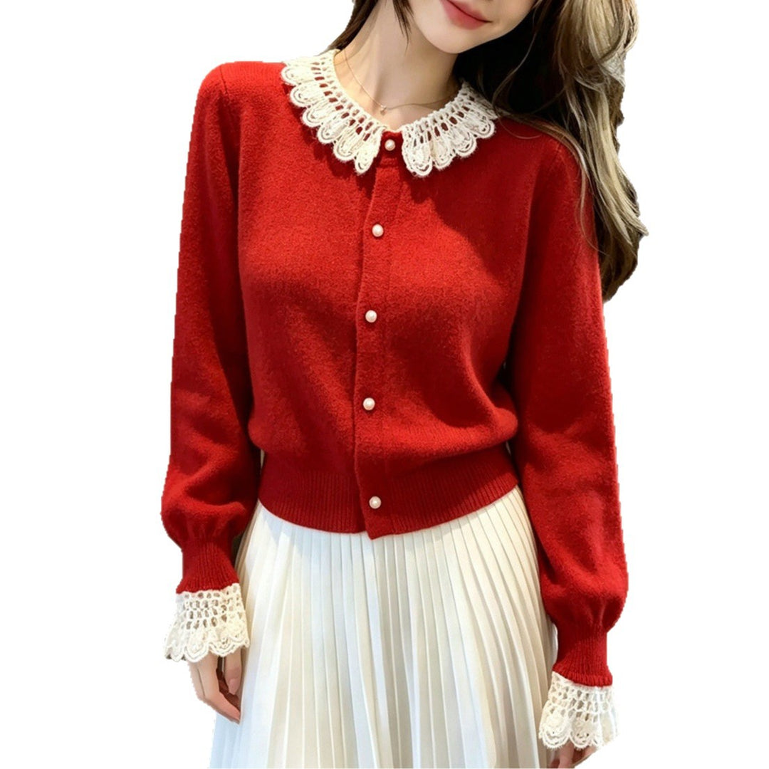 Damen Elegante Strickjacke mit Spitzenausschnitt Drune