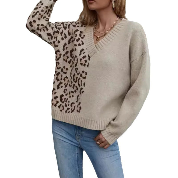 Damen Grobstrickpullover mit modernem Leo-Design und tiefem V-Ausschnitt Drune