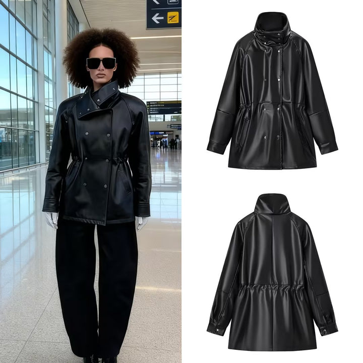 Damen Wasserabweisende Parka‑Jacke aus Kunstleder mit hohem Stehkragen und Tunnelzugtaillierung Drune