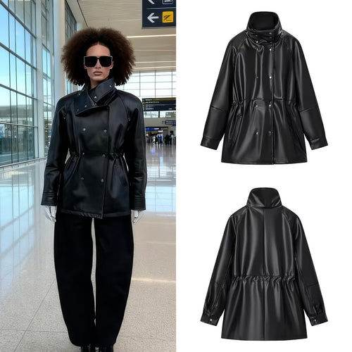 Damen Wasserabweisende Parka‑Jacke aus Kunstleder mit hohem Stehkragen und Tunnelzugtaillierung Drune