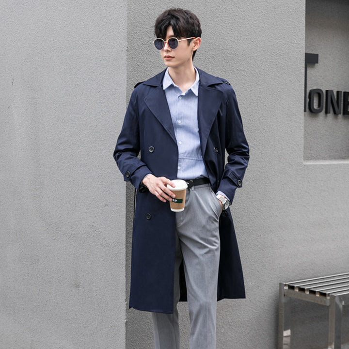 Herren Wasserabweisender Trenchcoat mit Doppelreihe, klassischem Revers und Taillengürtel Drune
