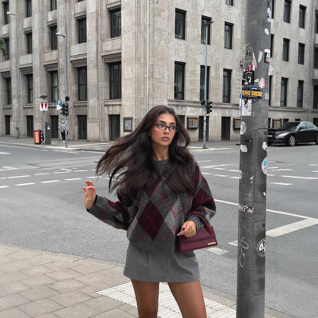 Damen 200+ oversized Argyle Strickpullover aus Wollmix mit Rundhalsausschnitt Drune