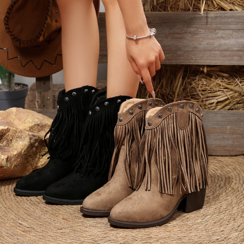 Damen  Cowboy-Ankle-Boots aus Veloursleder mit Fransen und Nietenbesatz mittelhoher Blockabsatz Drune