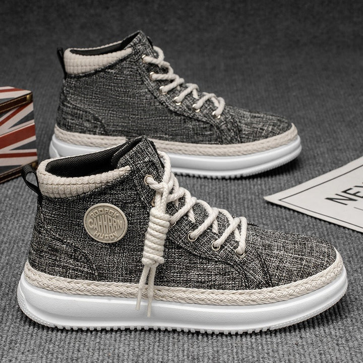 Damen hohe Freizeit‑Sneaker mit meliertem Textilobermaterial, geflochtener Jute‑Zierkante und gedämpfter Plateau‑Sohle Drune