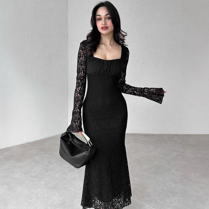 Damen elegantes Spitzenkleid mit langem Arm und figurbetontem Schnitt Drune