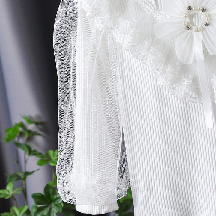 Mädchen Langarmshirt mit elegantem Tüllbesatz und Blumendekor Drune