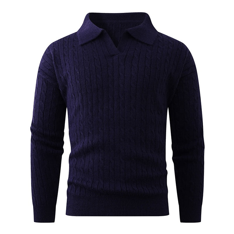 Herren Kabelstrick-Polo-Pullover mit V-Ausschnitt und Zopfmuster Drune