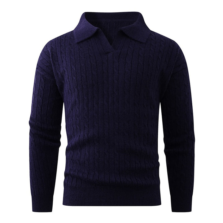Herren Kabelstrick-Polo-Pullover mit V-Ausschnitt und Zopfmuster Drune