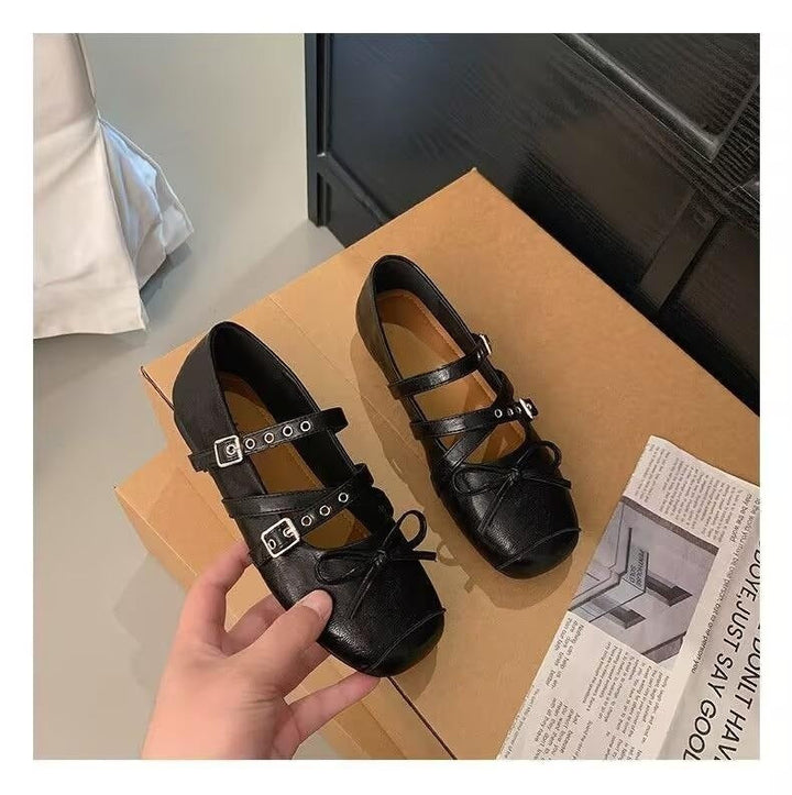 Damen Ballerina-Schuhe mit dekorativen Doppelschnallen und modischen Schleifen Drune