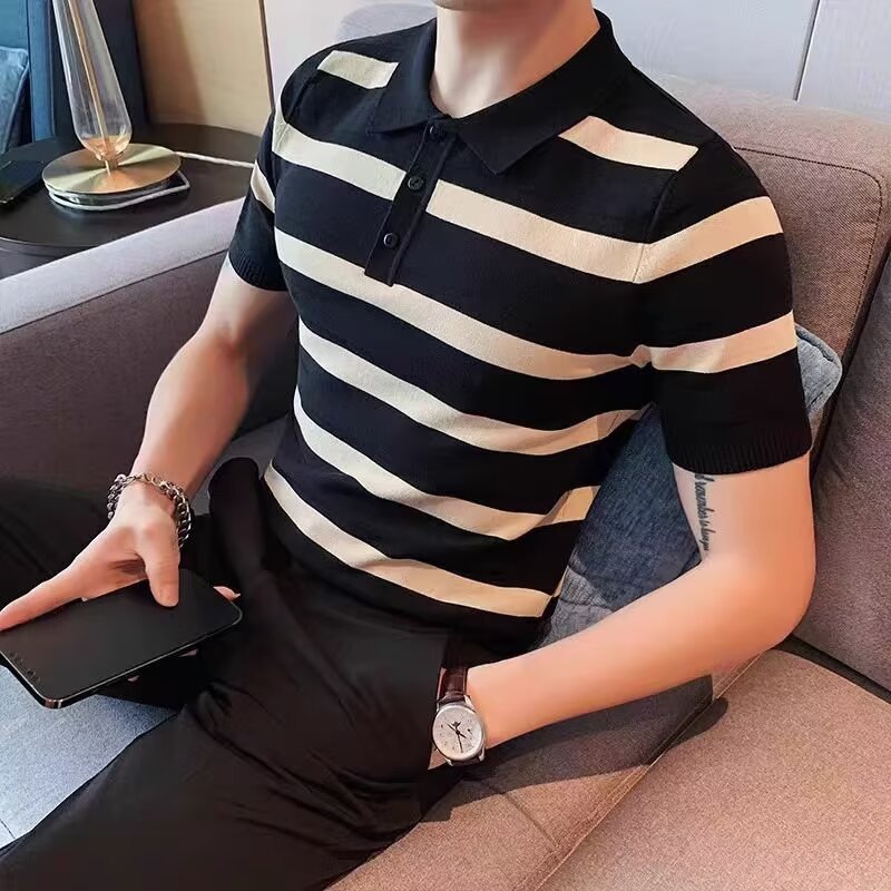 Herren Kurzarm Poloshirt mit strukturiertem Streifenmuster Drune