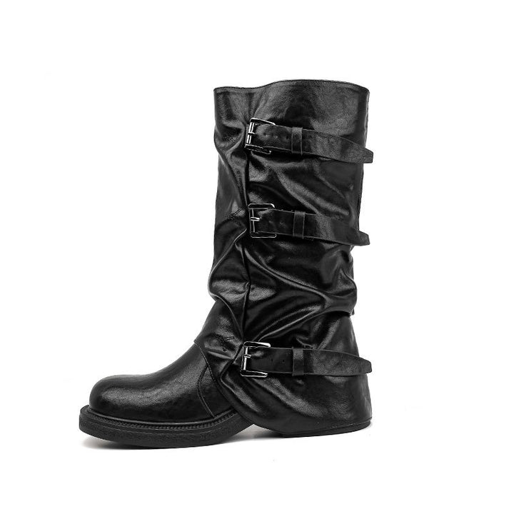 Damen Bikerstiefel mit mehrfachen Zierschnallen, gerafftem Schaft und robuster Profilsohle Drune
