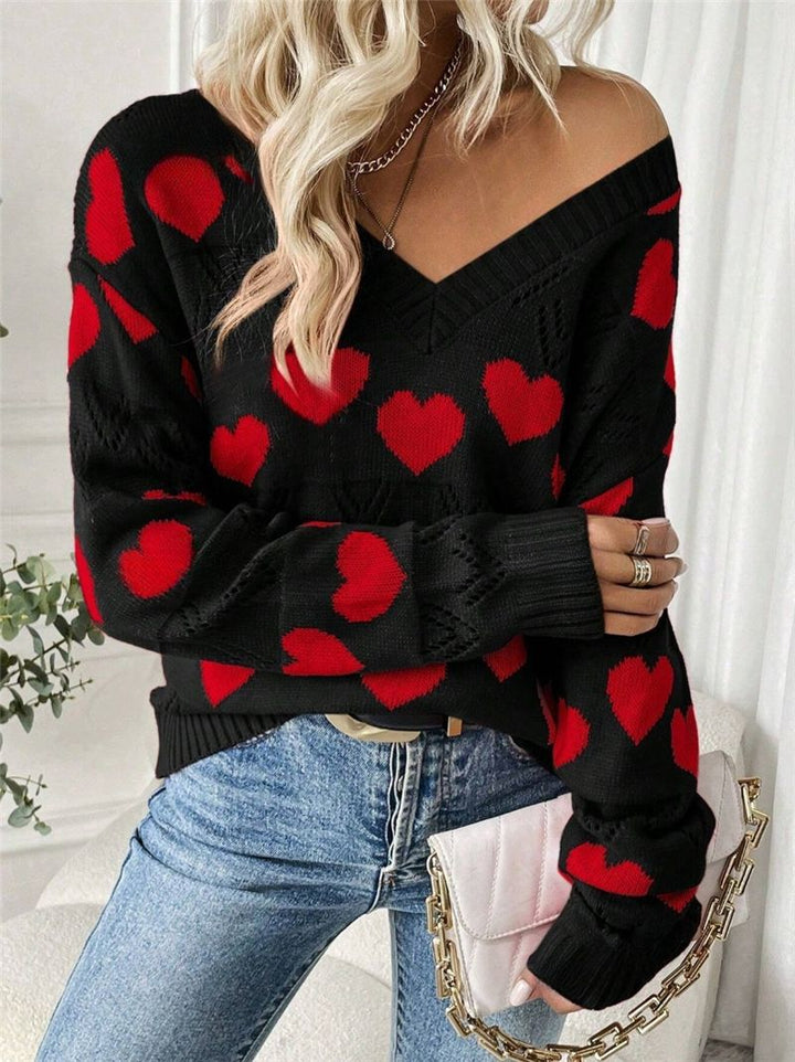 Damen kuscheliger Pullover mit herzförmigem Muster und V-Ausschnitt Drune