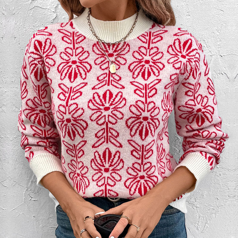 Damen GDrunelümter Jacquard-Strickpullover mit Rundhalsausschnitt und gerippten Bündchen Drune