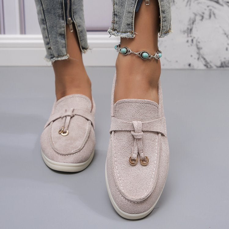 Damen Slipper-Loafer aus Velourslederoptik mit dekorativem Knotenriemen und leicht profilierter Gummisohle Drune