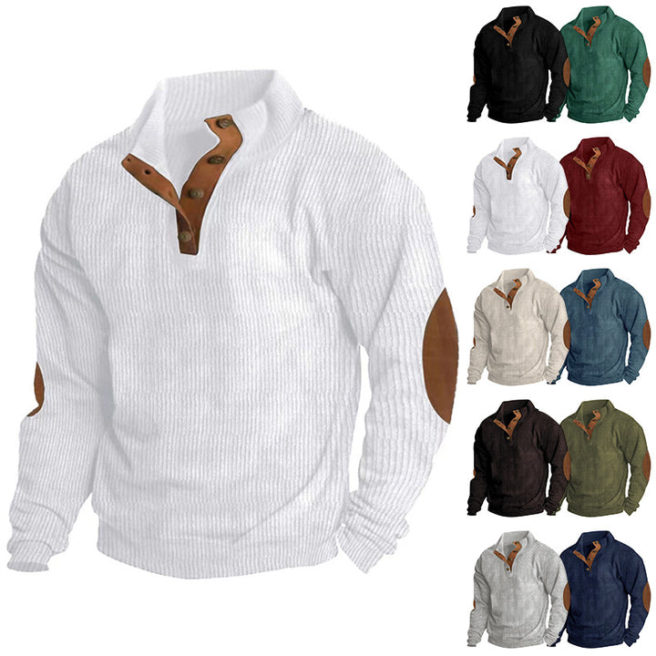 Herren nan gerippter Strickpullover mit Stehkragen und dekorativen Ellenbogenpatches Drune