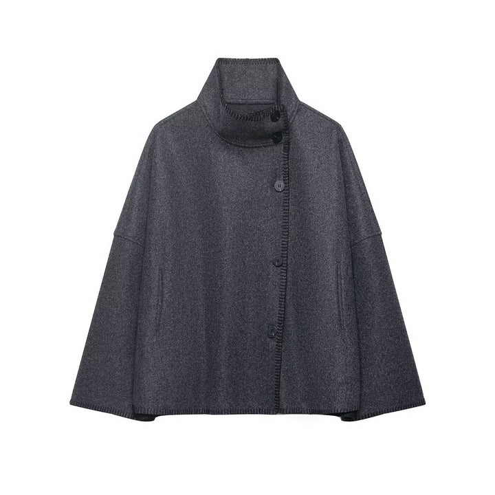 Damen Wollmix-Cape mit hohem Stehkragen, dekorativer Ziernaht und Knopfleiste Drune