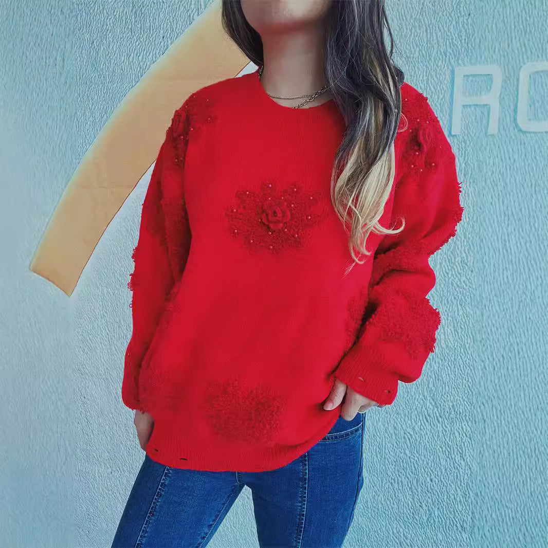 Damen fröhlicher Pullover mit floralen Applikationen und strukturiertem Strickdesign Drune