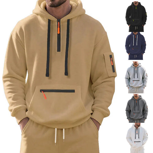 Herren Oversize-Kapuzenpullover mit halbem Reißverschluss, Kängurutasche mit Reißverschluss und Ärmel-Pocket Drune
