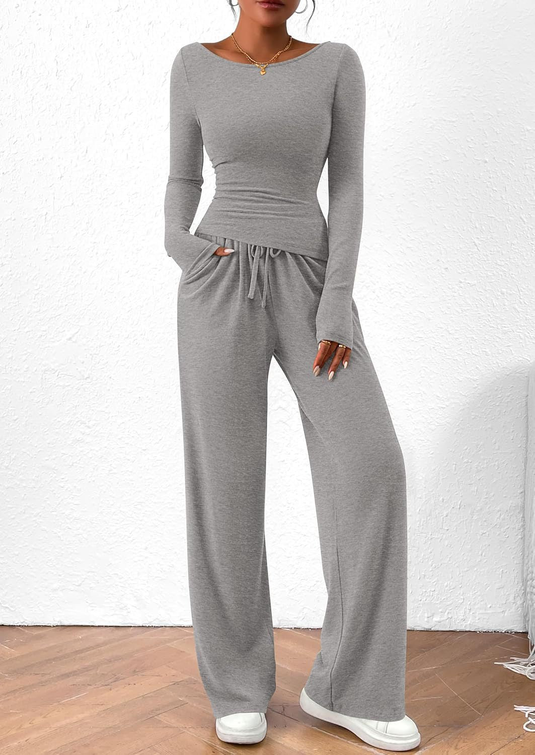 Damen elegantes und bequemes Lounge-Set mit langem Arm und elastischem Bund Drune