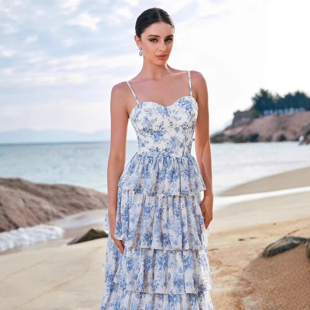 Damen Boho-Chic Maxikleid mit floralen Volant-Details und herzförmigem Ausschnitt Drune
