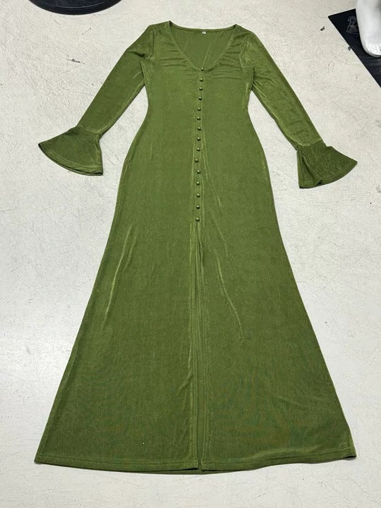 Damen Maxikleid mit figurbetonter Silhouette, durchgehender Zierknopfleiste und Glockenärmeln Drune