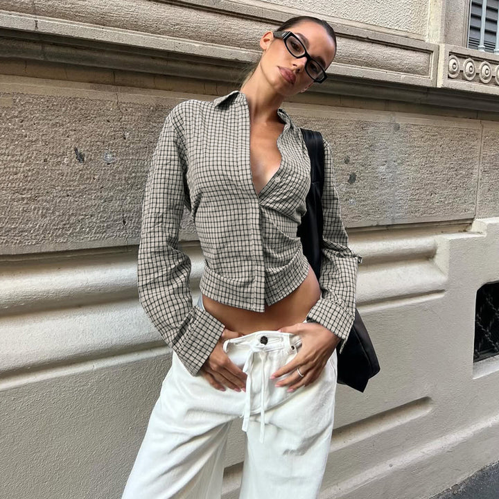 Damen nan taillierte Karobluse mit verdeckter Knopfleiste und geformter Miedernaht Drune