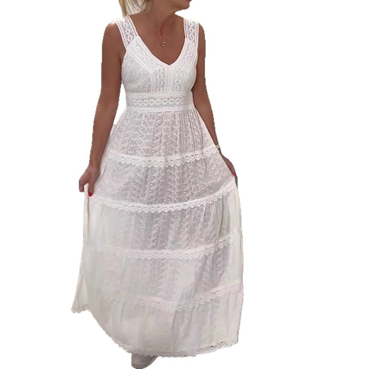 Damen nan ärmelloses Boho-Spitzen-Lagenmaxikleid mit V-Ausschnitt und Empire-Taille Drune