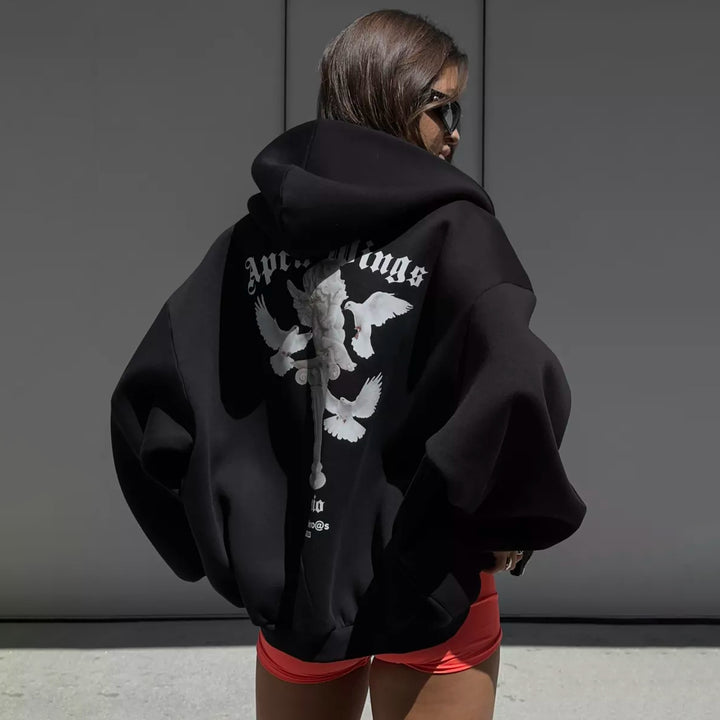 Damen oversized Kapuzenpullover mit Engels-Print und kunstvollem Rückendruck Drune