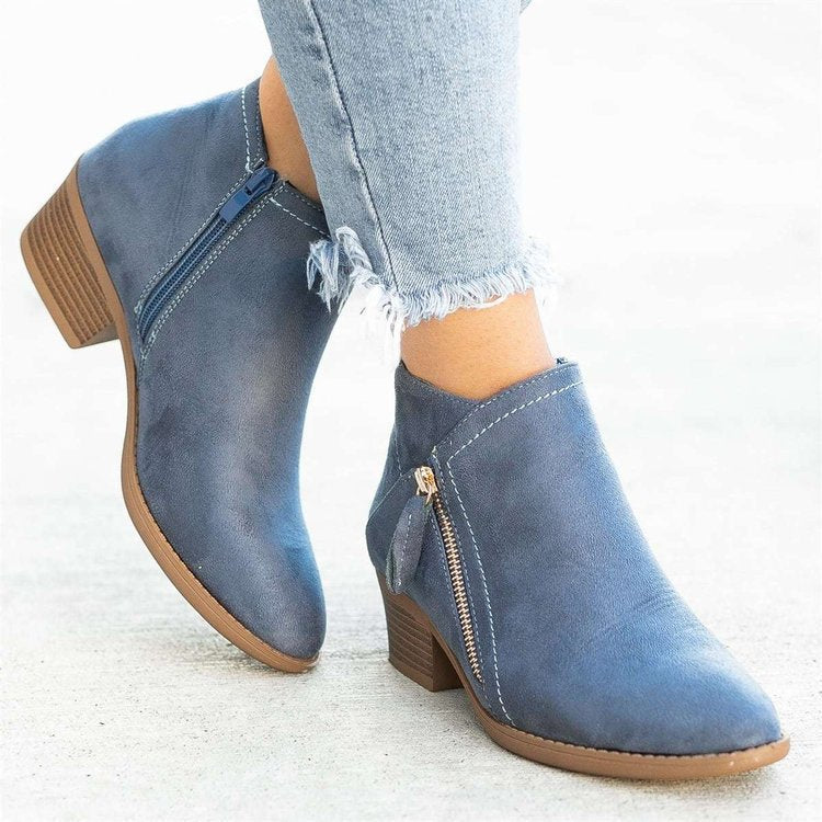 Damen Kurzschaft-Stiefelette im Western-Look mit seitlichem Reißverschluss und mittelhohem Blockabsatz Drune