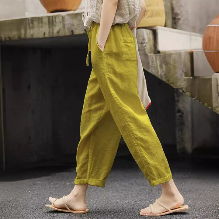 Damen lässige Leinenhose mit elastischem Bund und seitlichen Taschen Drune