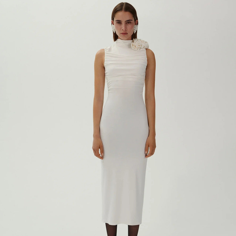Damen figurbetontes Abendkleid mit asymmetrischem Kragen und floraler Applikation Drune