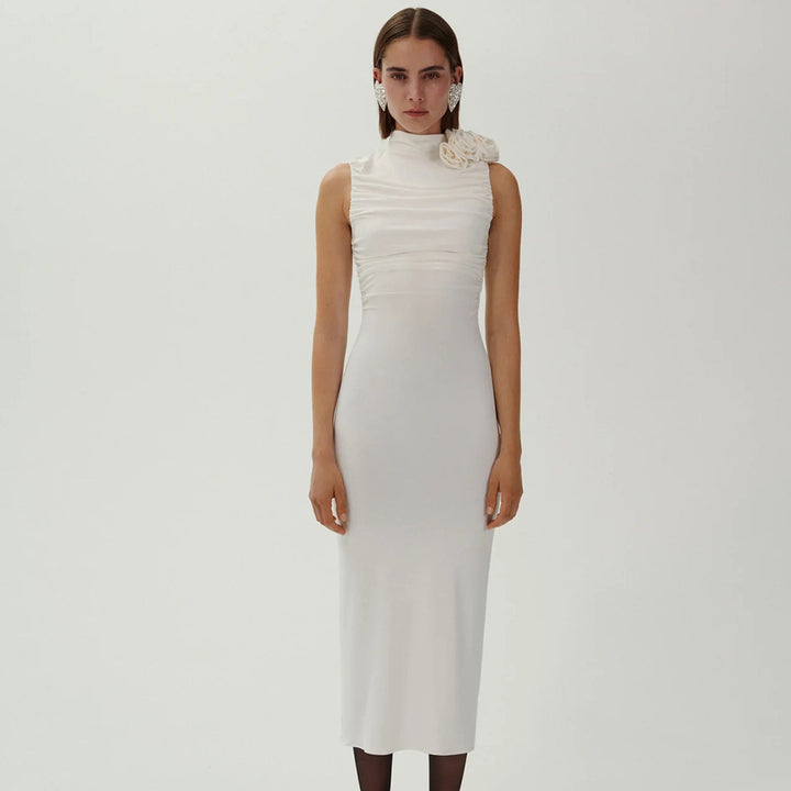 Damen figurbetontes Abendkleid mit asymmetrischem Kragen und floraler Applikation Drune