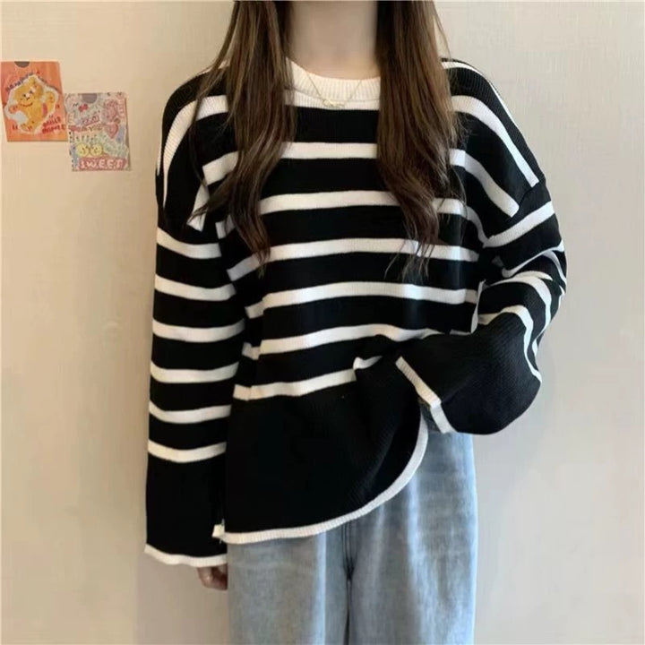 Damen gemütlicher Strickpullover mit Streifen Drune