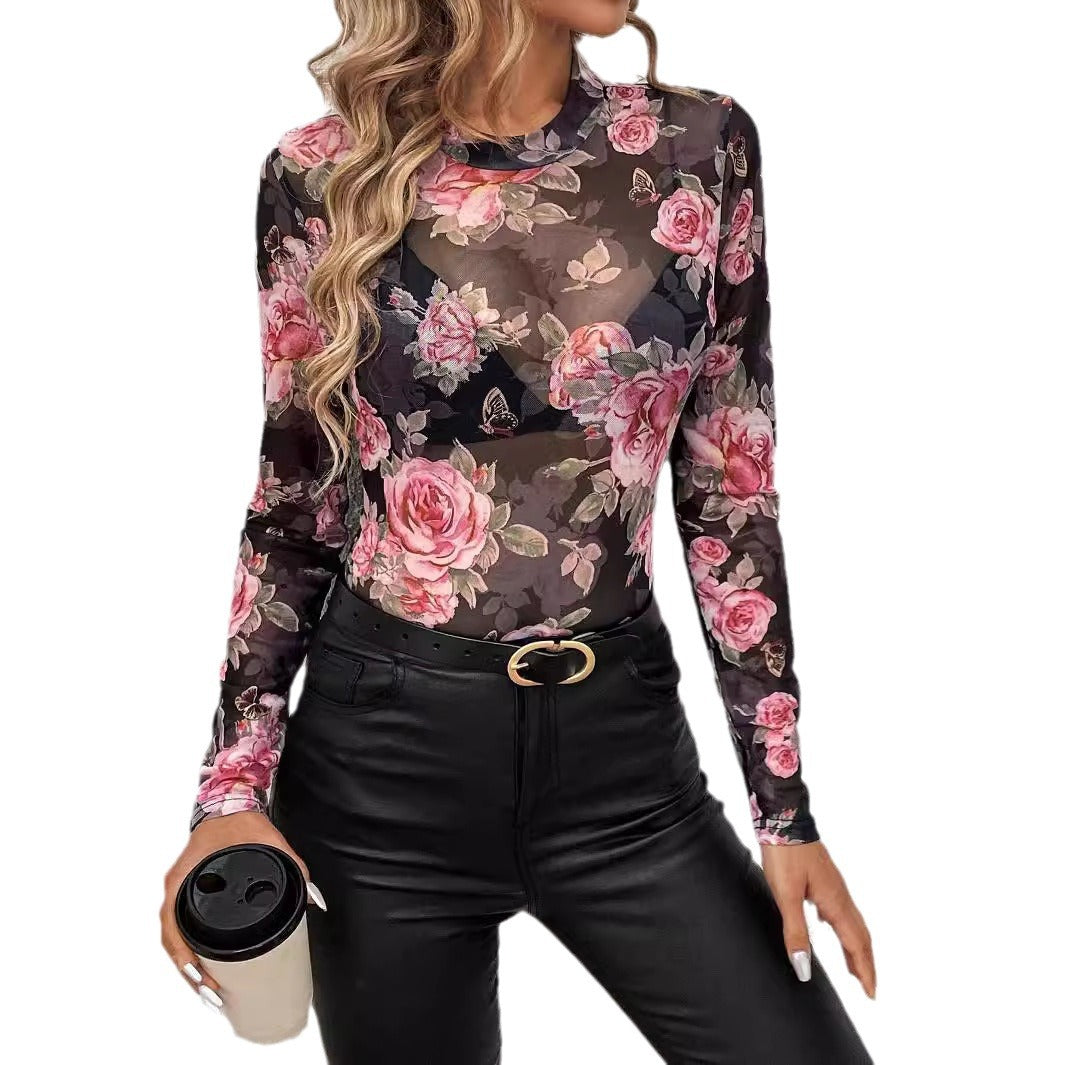Damen nan transparentes figurbetontes Langarmshirt mit floralem Rosendruck und Stehkragen Drune