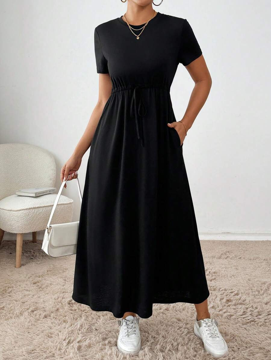 Damen lässiges Maxikleid mit elastischem Taillenbund und Rundhalsausschnitt Drune